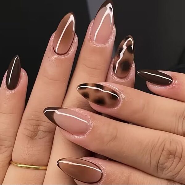 French Nails nude chocolate brown abstract tip press on nails