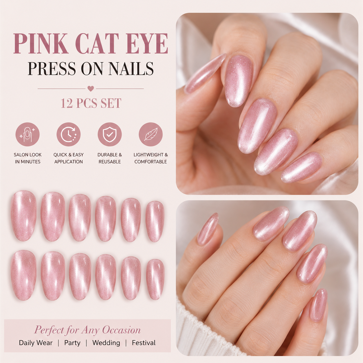 Pink cat eye almond press on nails with magnetic effect