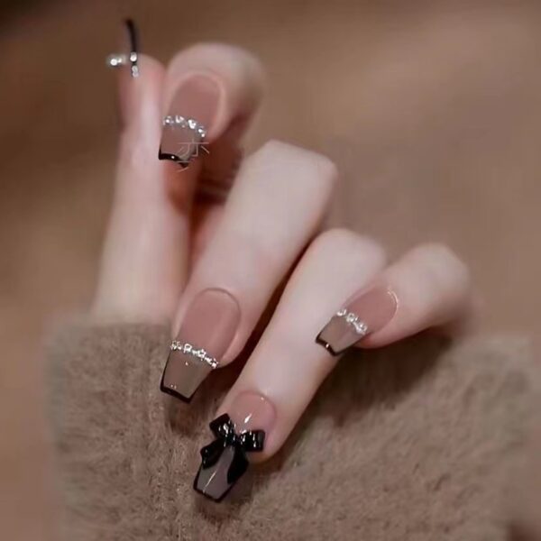 Black French Bow Press On Nails with Rhinestones