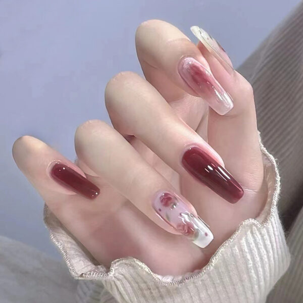 Pink Floral Nails with wine petal design press on nails
