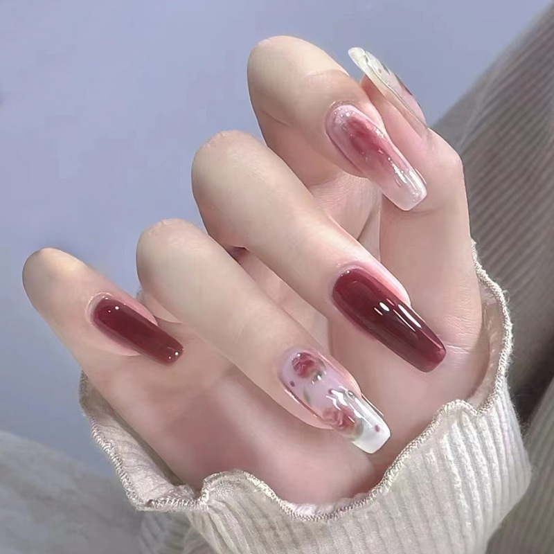Pink Floral Nails with wine petal design press on nails