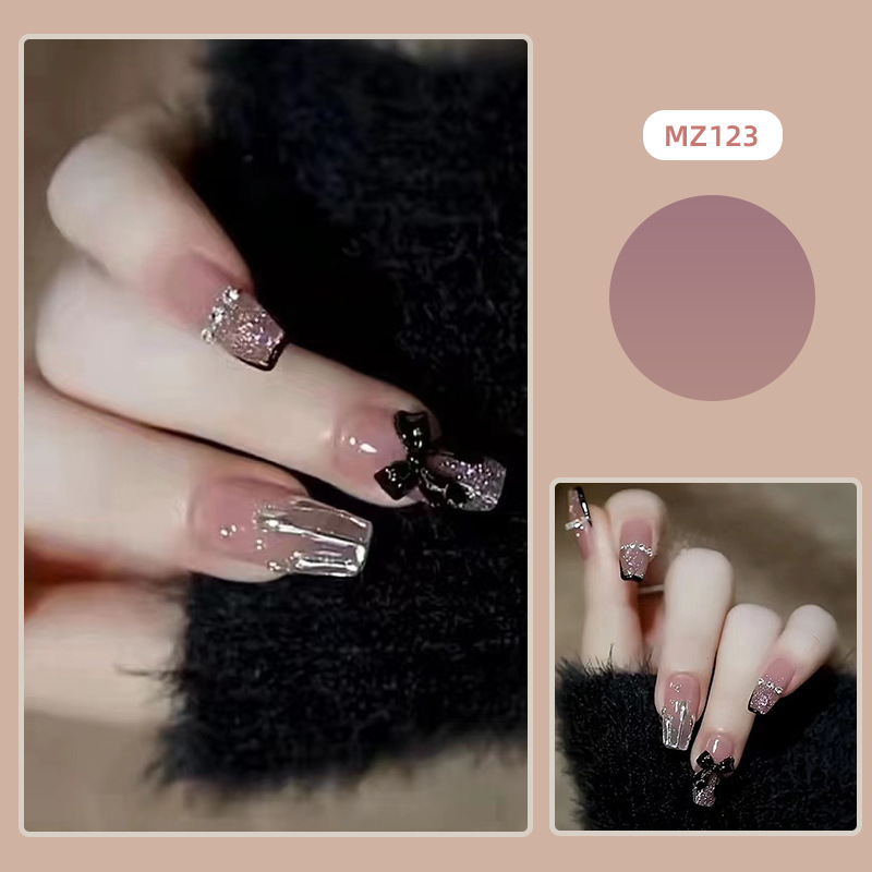 Black Bow Square Press On Nails with 3D Bow Design