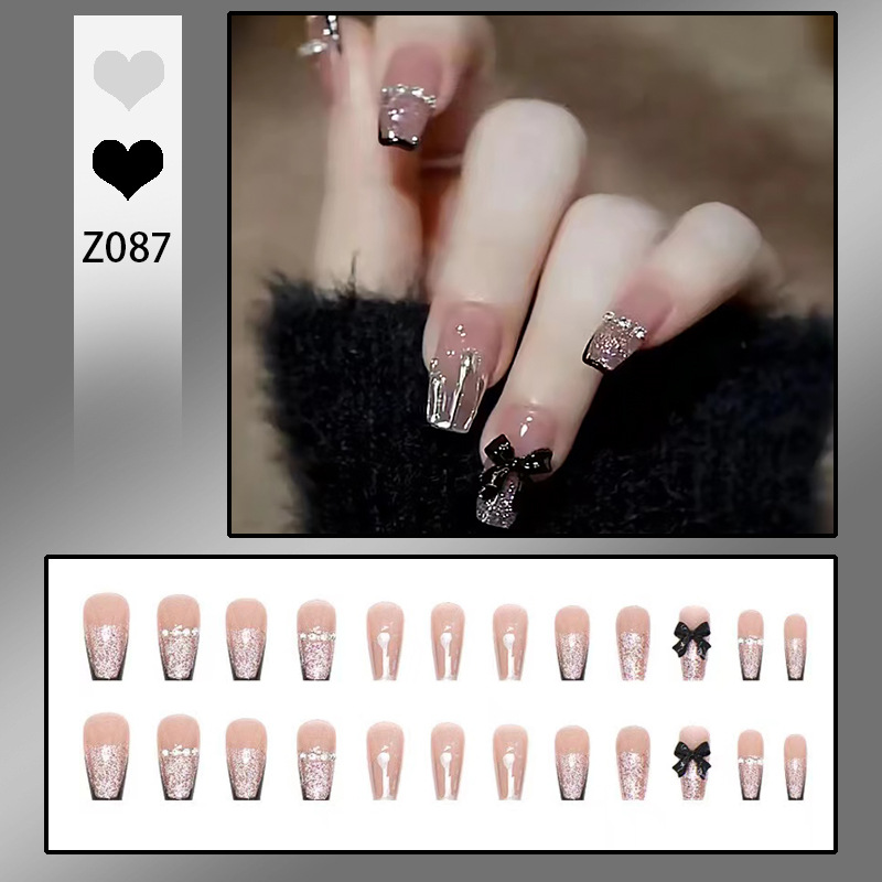 Black Bow Square Press On Nails with 3D Bow Design