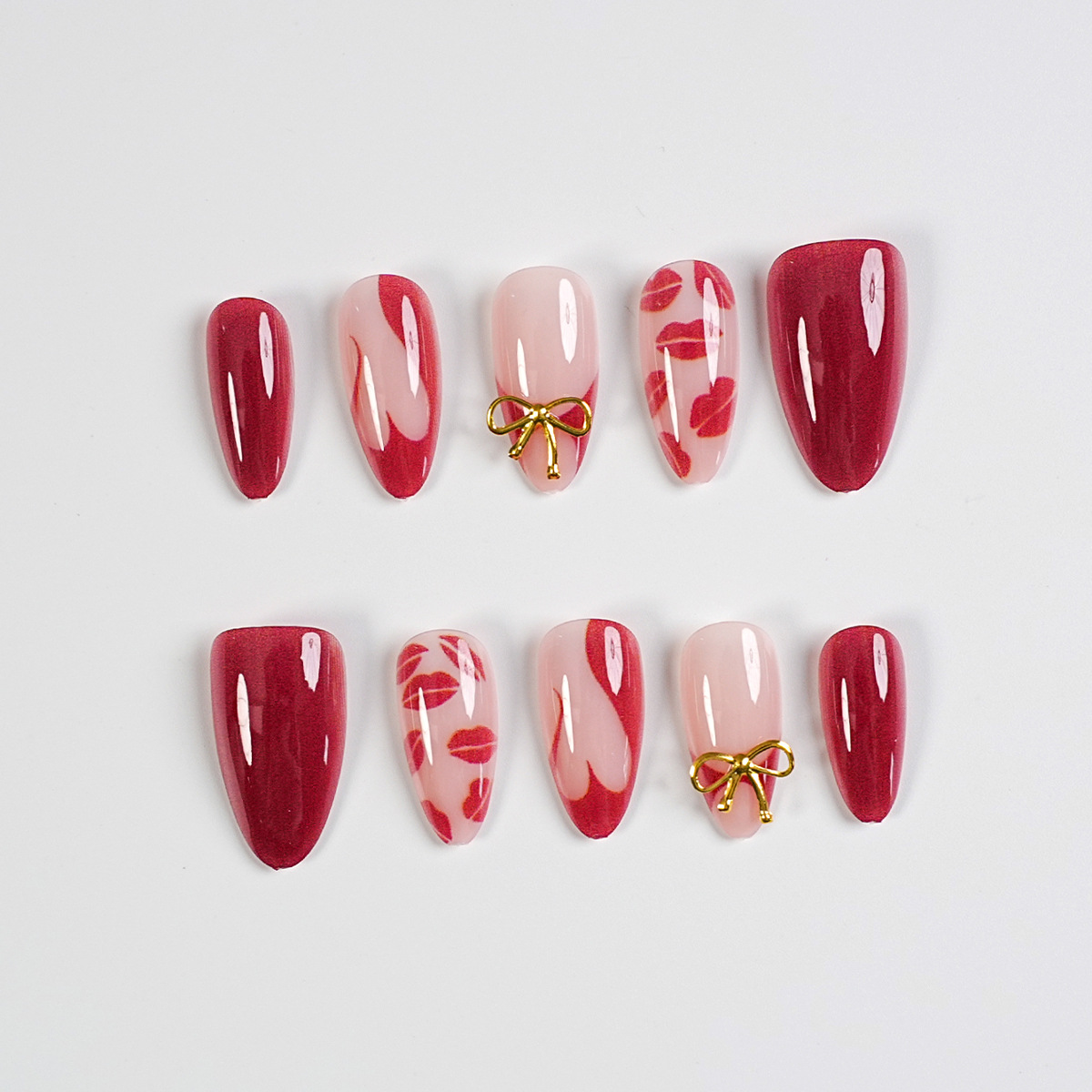 Burgundy lip art press on nails with gold bow charms