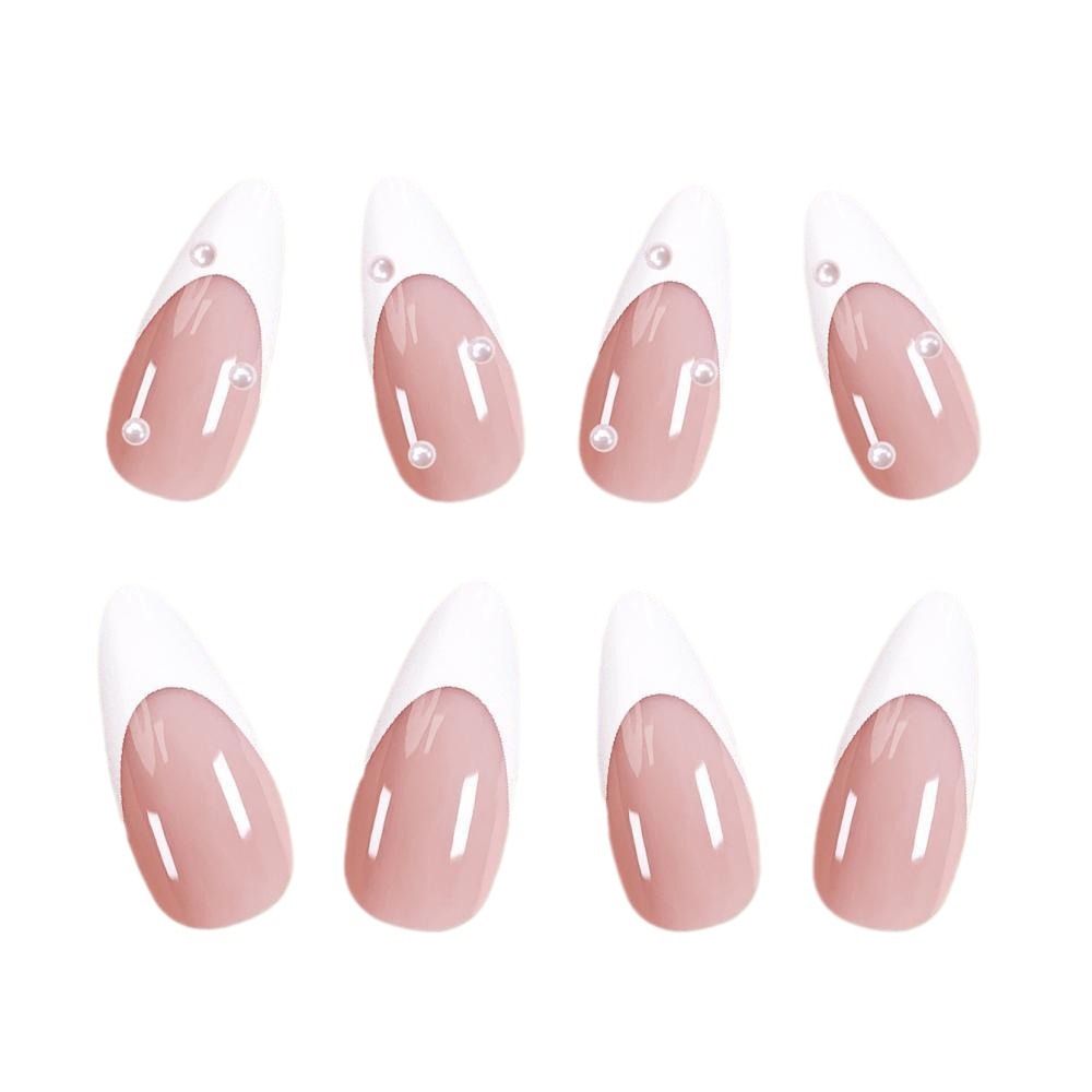 White tip almond press on nails with pearl accents