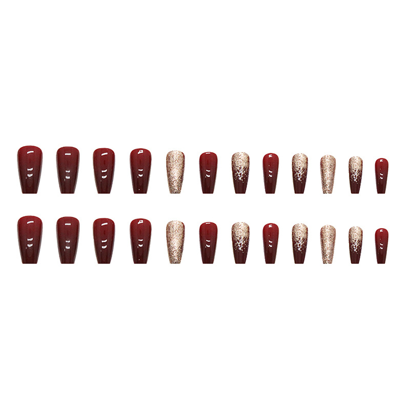 Burgundy glitter nails with gold sparkle press on design