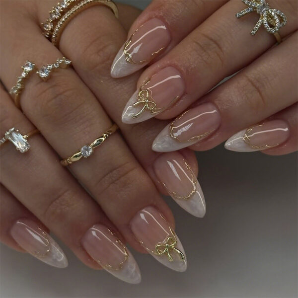 Bridal Nails nude white lace gold bow press on nails