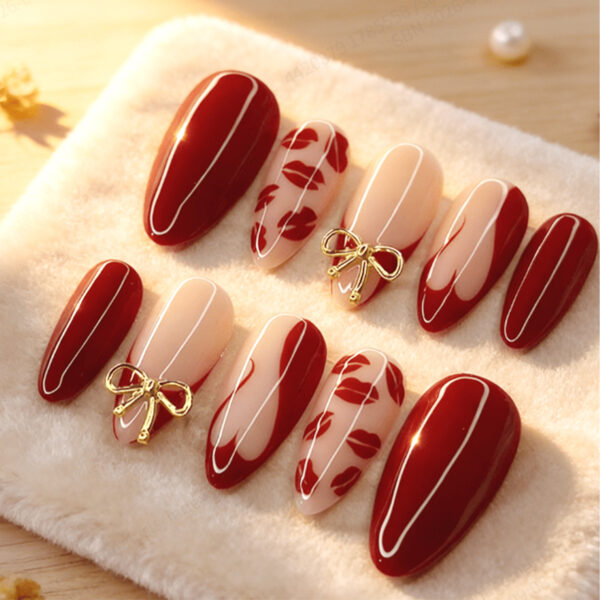 Party Wear Nails burgundy lip art bow press on nails
