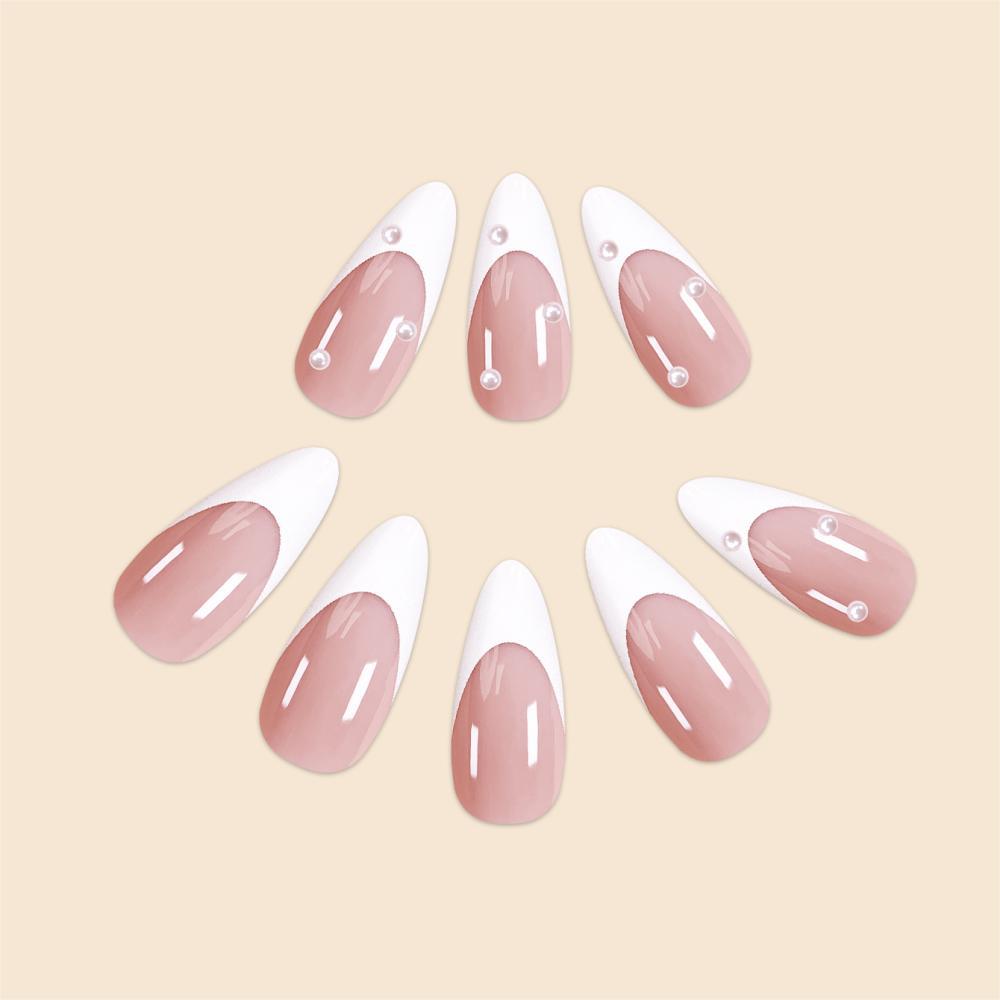 White tip almond press on nails with pearl accents