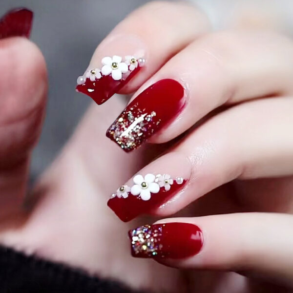 Red Floral Glitter Press On Nails with 3D White Flower Design