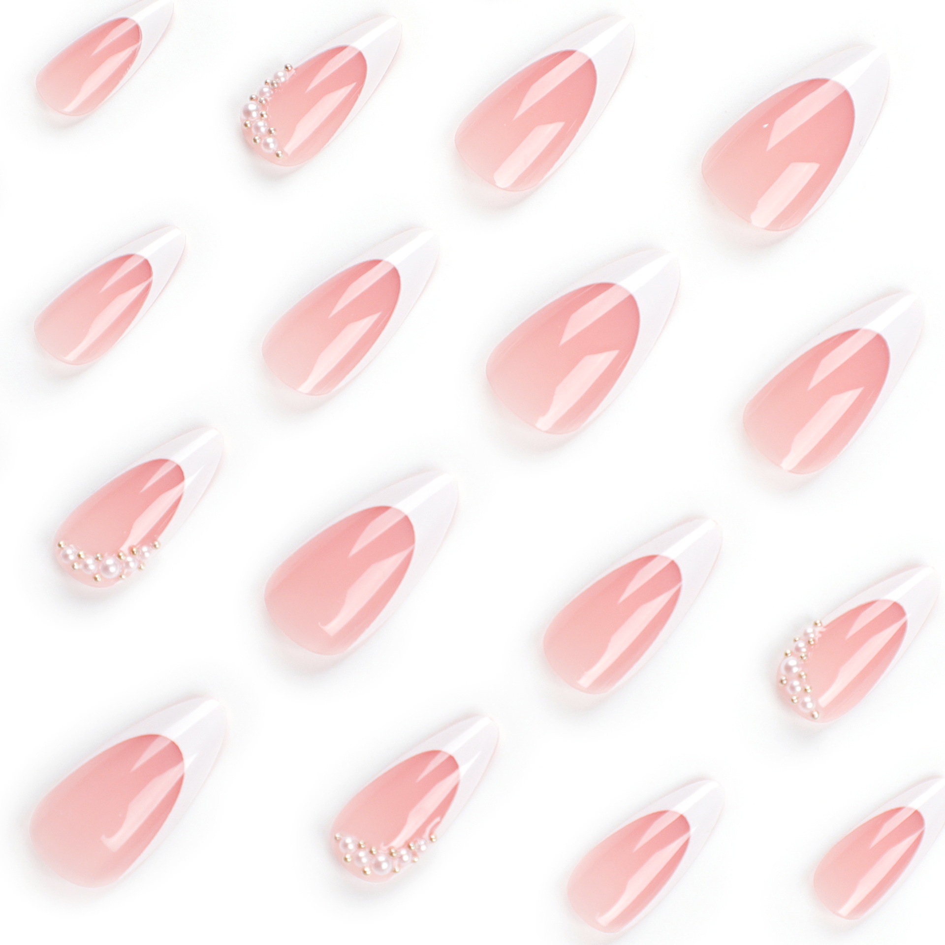 Pearl French tip almond press on nails with rhinestones