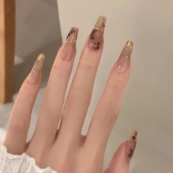 Nude Floral French Tip Press On Nails with Gold Tips