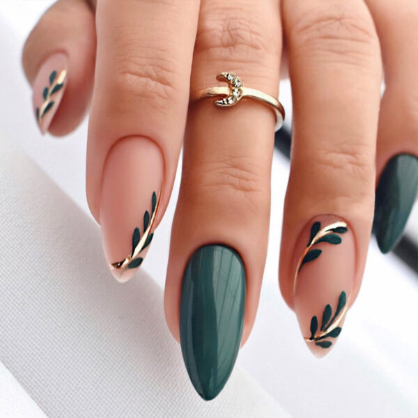 Green Botanical Almond Press On Nails with Gold Leaf Design