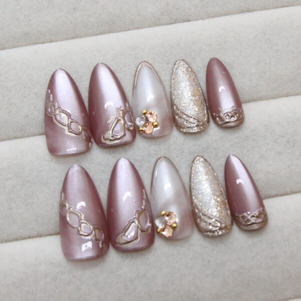 3D Nails pink gold chain glitter press on nails