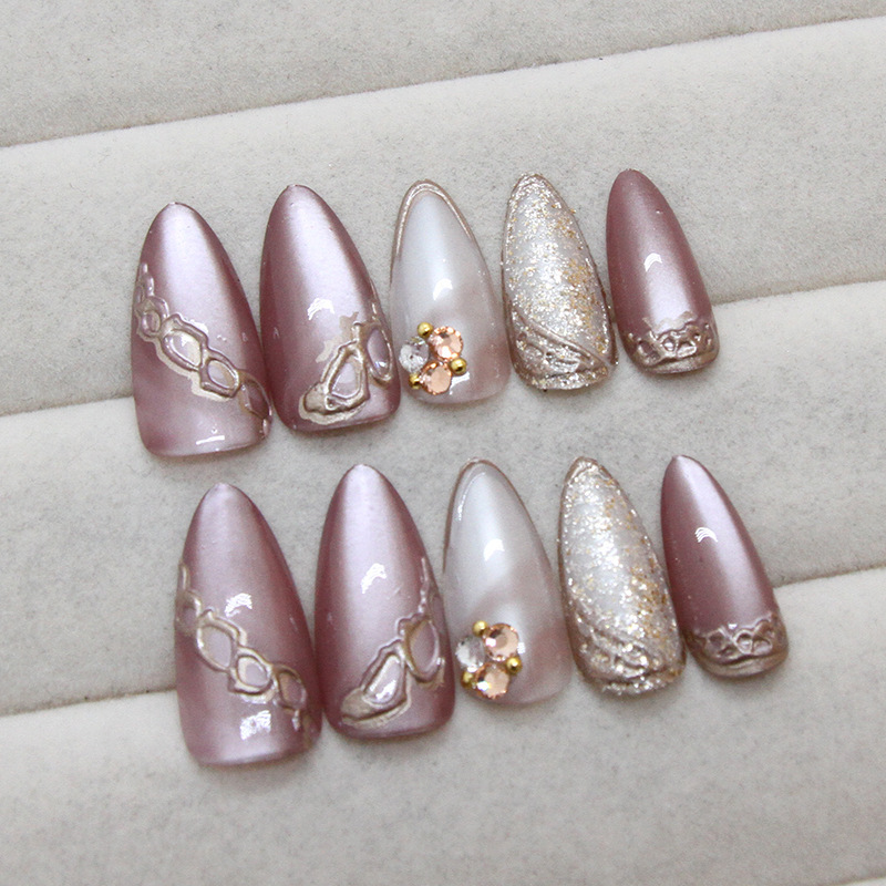 3D Nails pink gold chain glitter press on nails