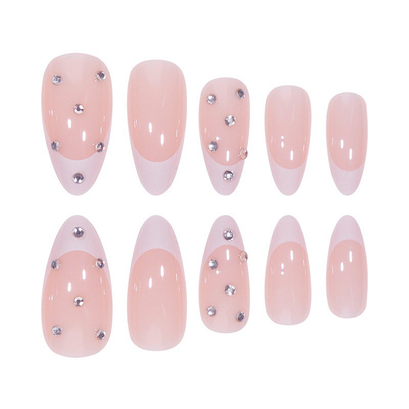 Rhinestone French tip almond press on nails