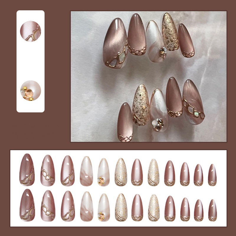 Pink 3D press on nails with gold chains rhinestones and glitter