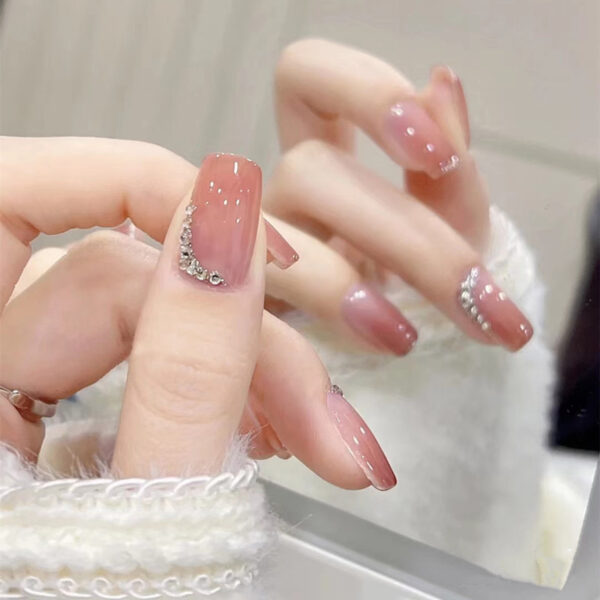 3D Nails nude pink rhinestone square press on nails