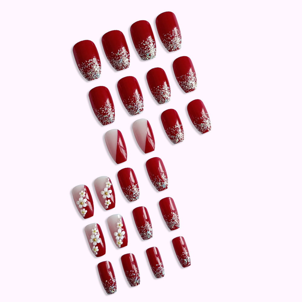 Red Floral Glitter Press On Nails with 3D White Flower Design