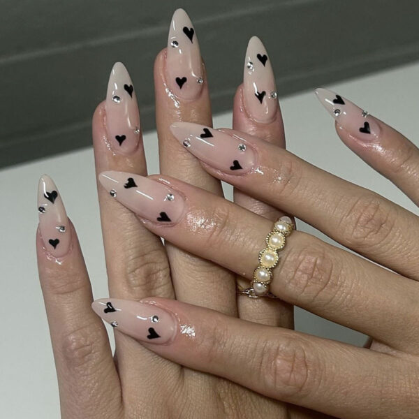 Pink heart rhinestone almond press on nails