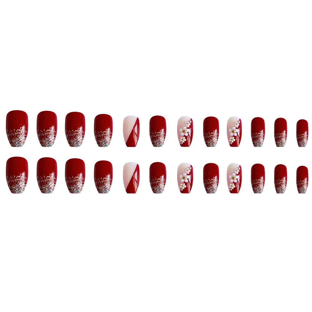 Red Floral Glitter Press On Nails with 3D White Flower Design