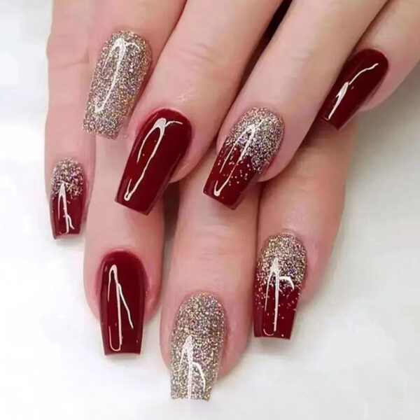 Glitter Nails burgundy gold press on nails