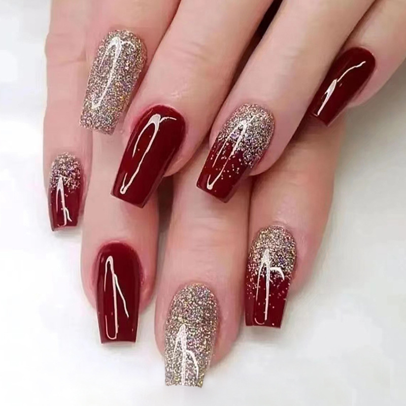 Glitter Nails burgundy gold press on nails