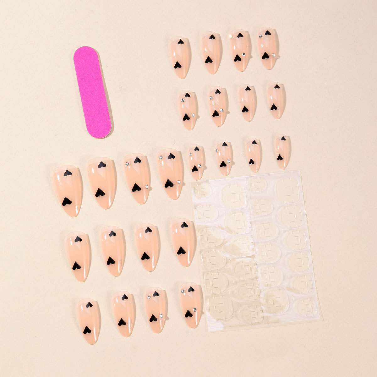 Press On Nails – Pink Heart Rhinestone Almond Nails 24Pcs - Image 2