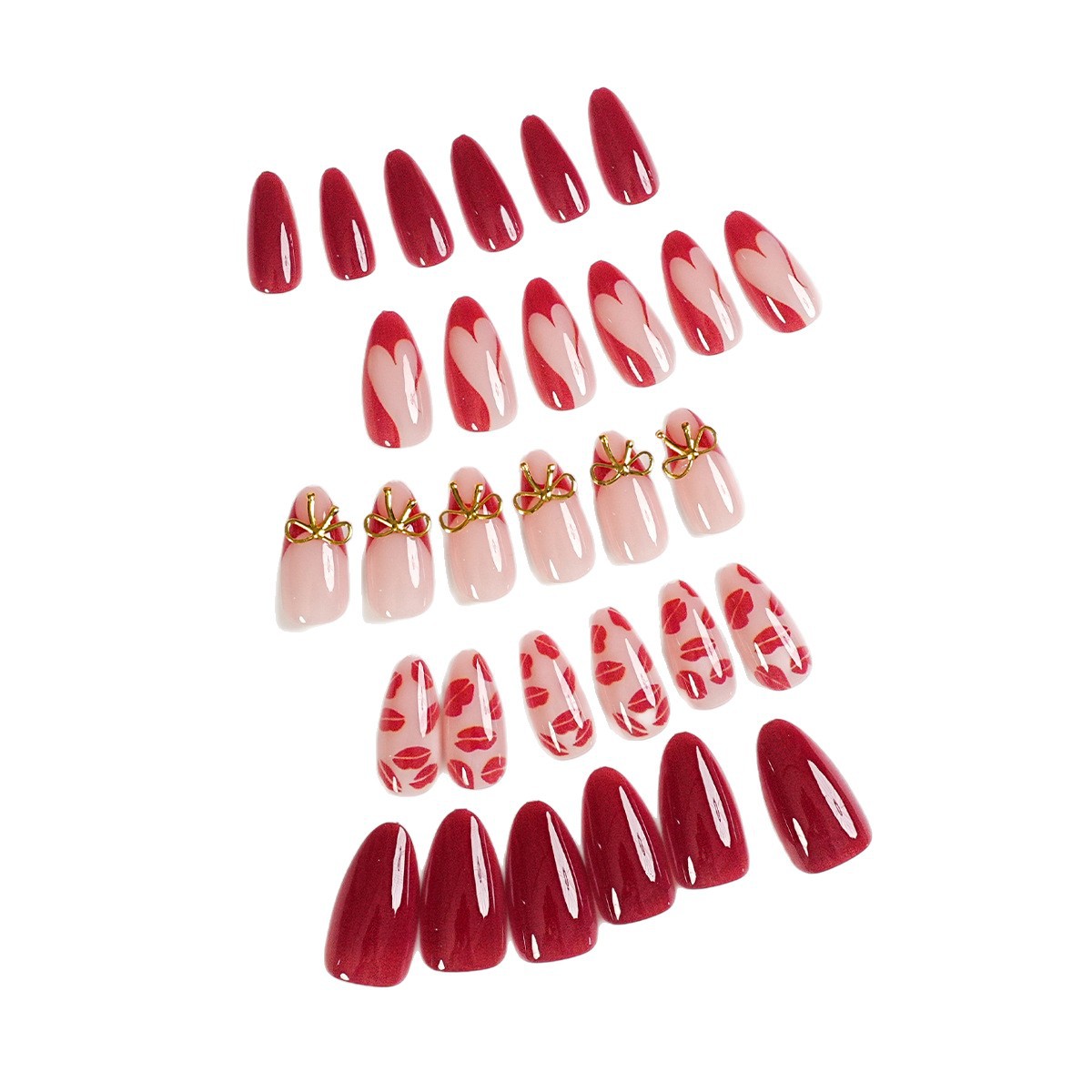 Burgundy lip art press on nails with gold bow charms