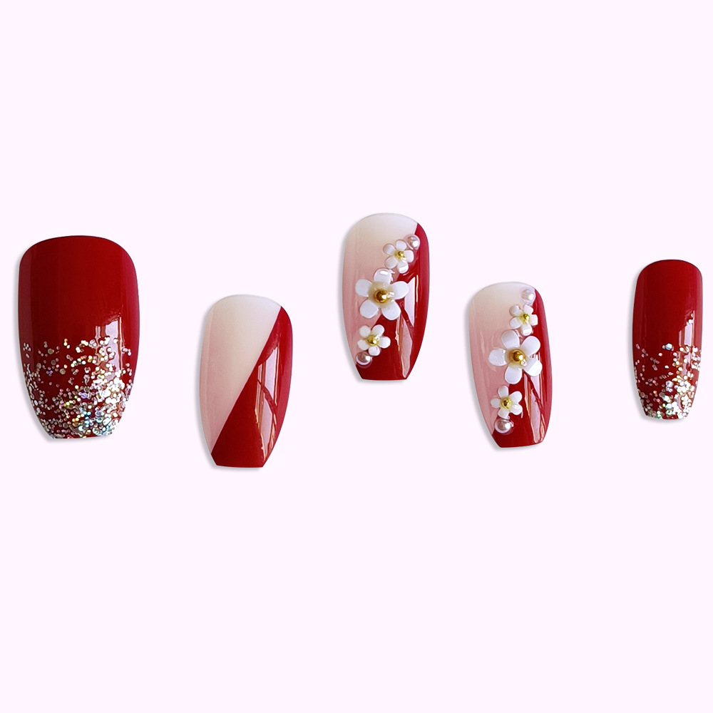 Red Floral Glitter Press On Nails with 3D White Flower Design