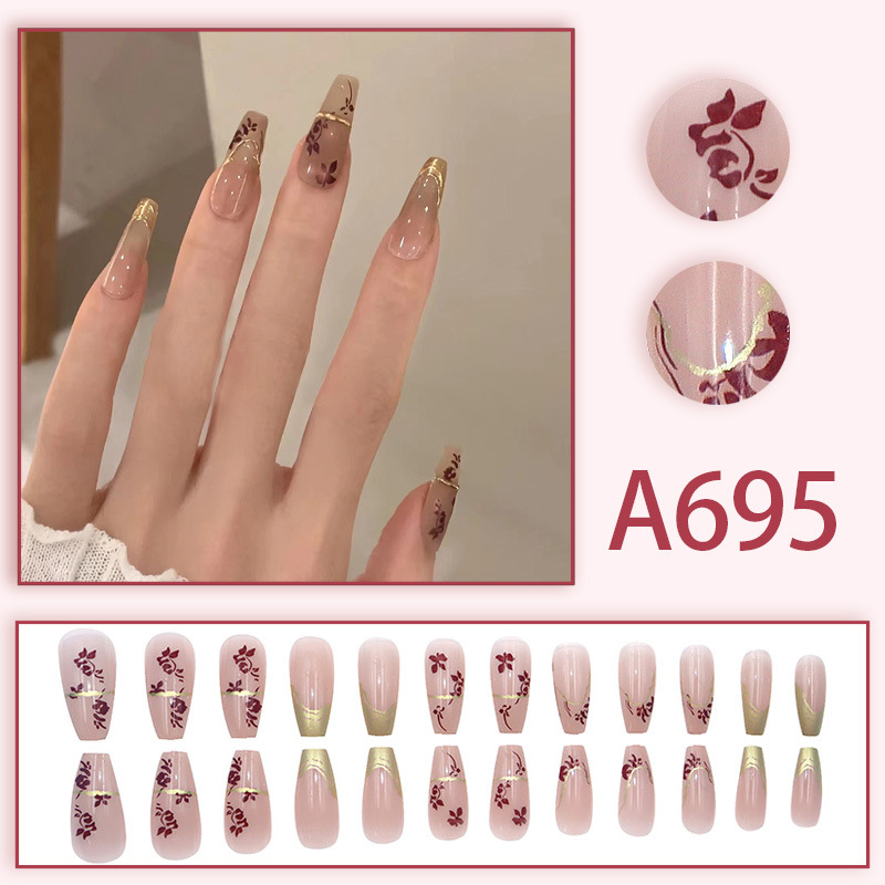 Luxury Nude Floral French Tip Press On Nails Close Up