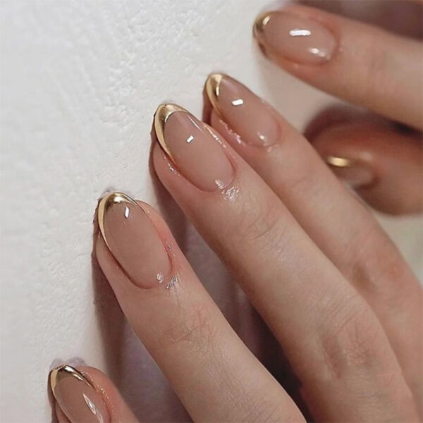 Nude Nails with metallic gold tips almond press on nails