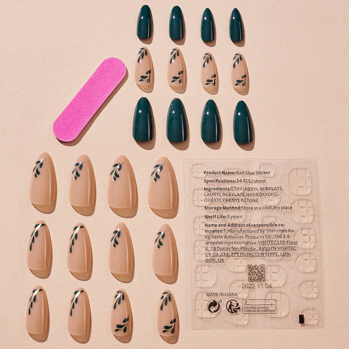 Glossy Green Botanical Almond Press On Nails Close Up