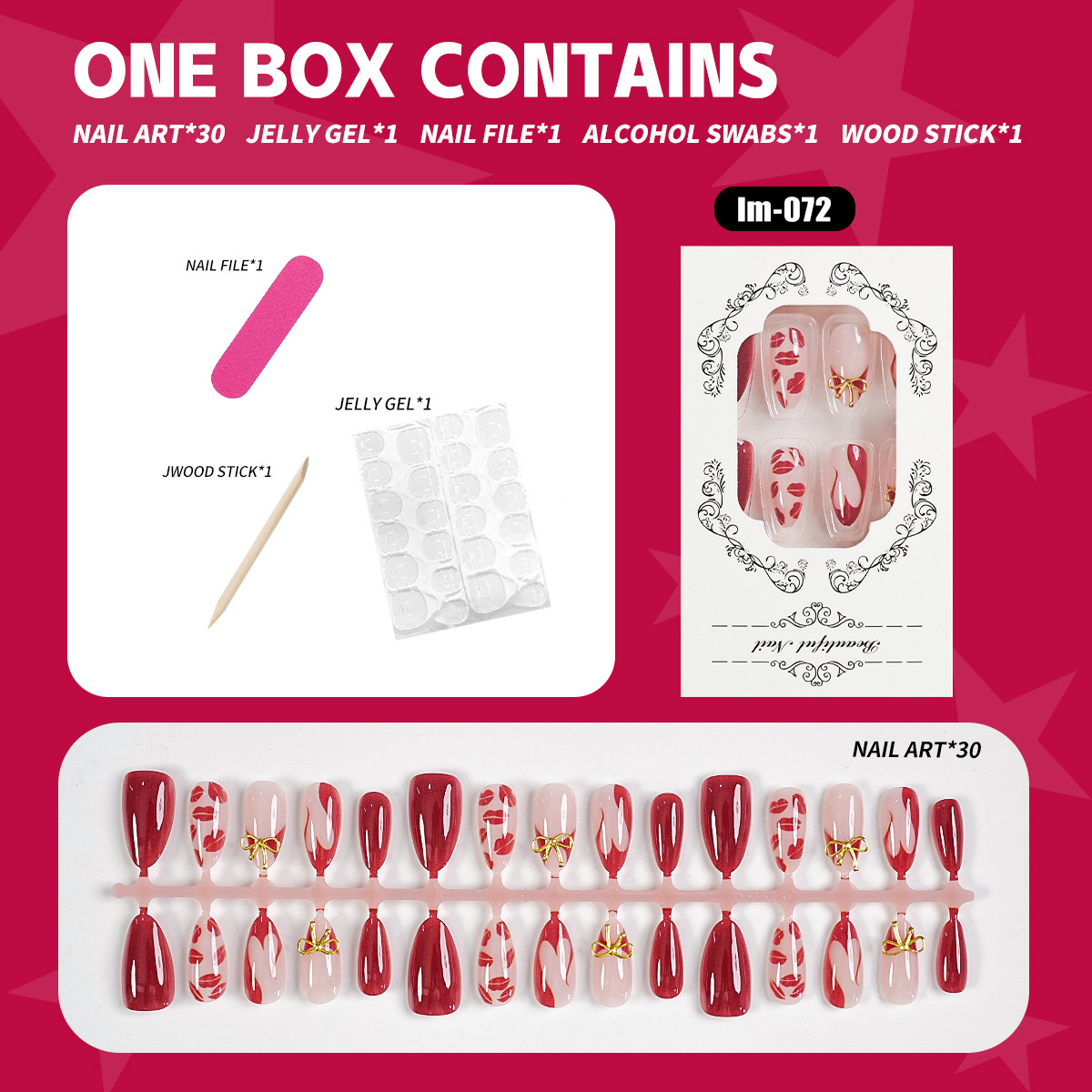 Burgundy lip art press on nails with gold bow charms