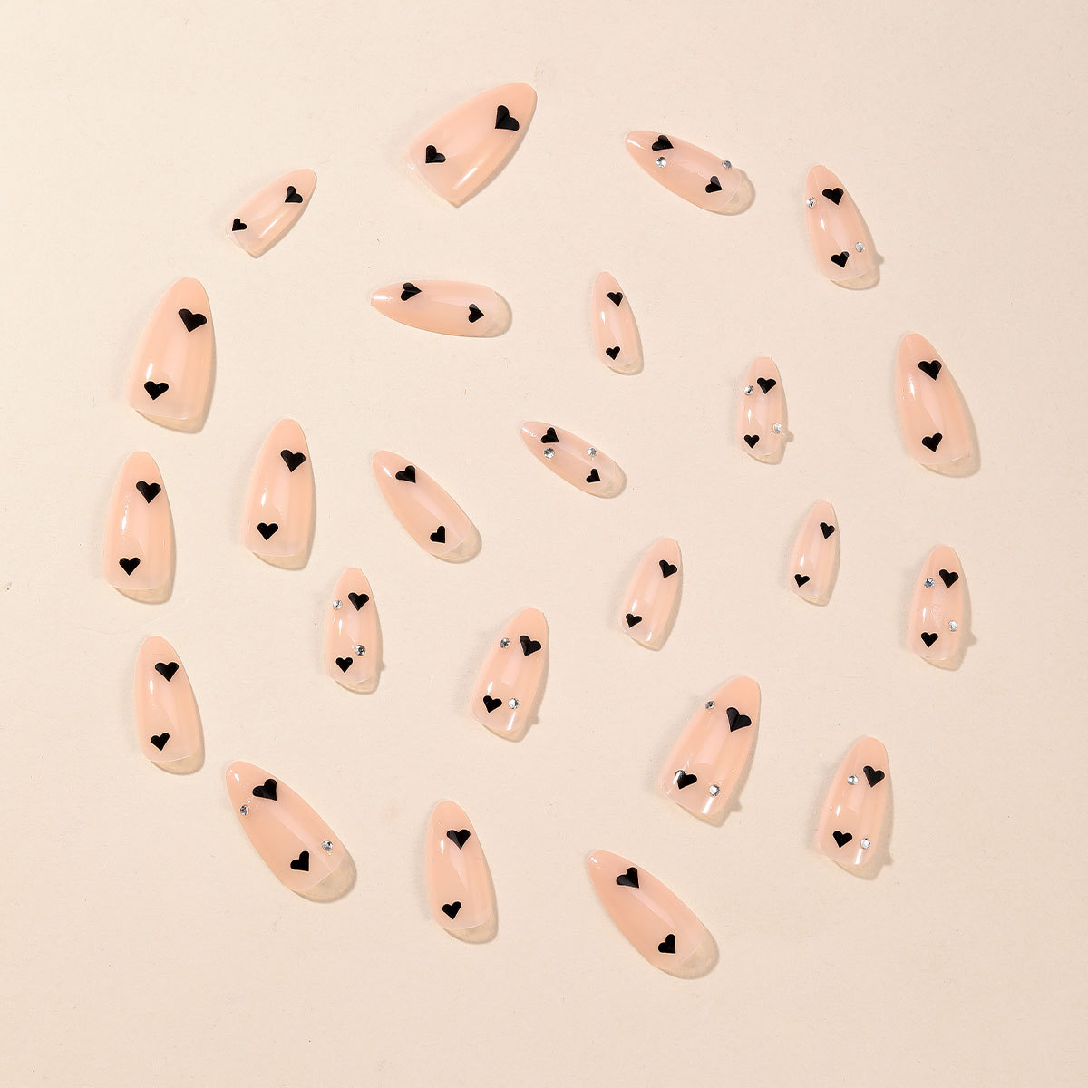 Press On Nails – Pink Heart Rhinestone Almond Nails 24Pcs - Image 3