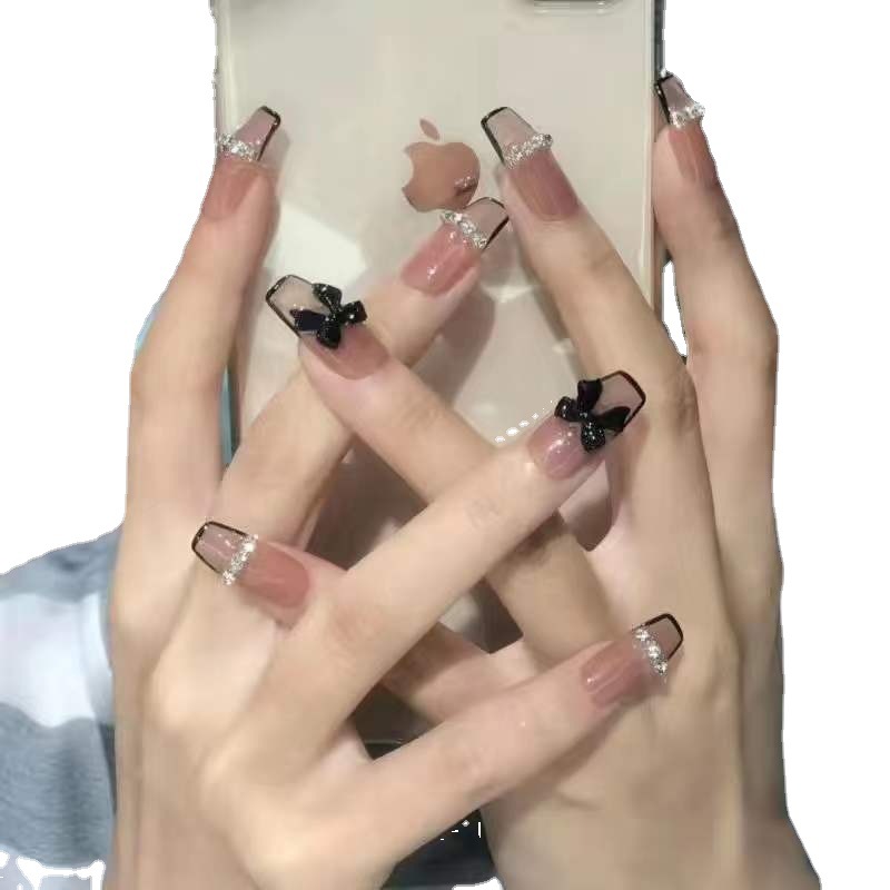 Glossy Square Press On Nails with Bow Design