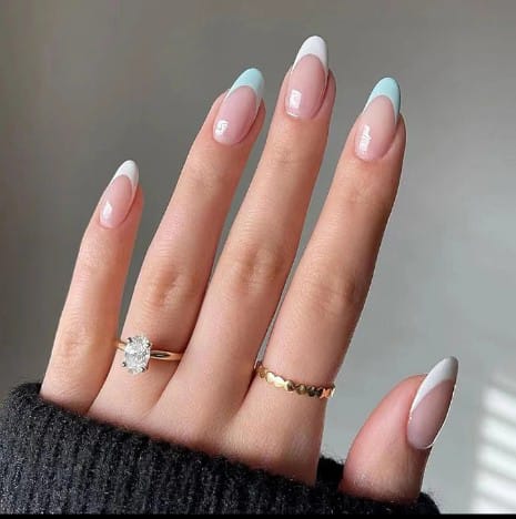 French Nails pastel blue white tip almond press on nails