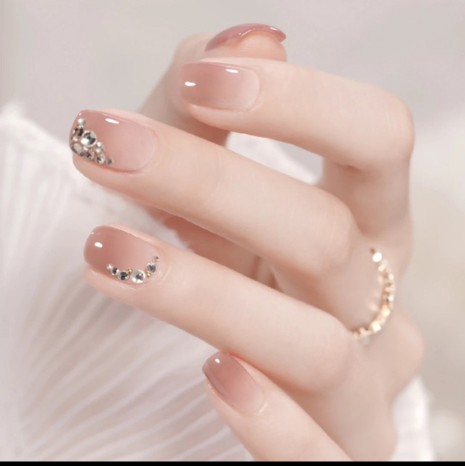 3D Nails – Nude Pink Rhinestone Bow Press On Nails 24Pcs - Image 2