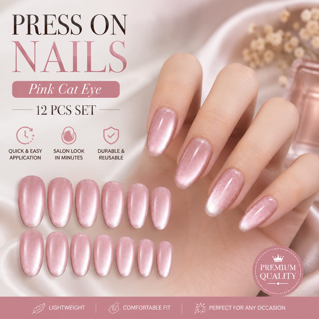 Pink cat eye almond press on nails with magnetic effect