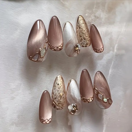 Pink 3D press on nails with gold chains rhinestones and glitter