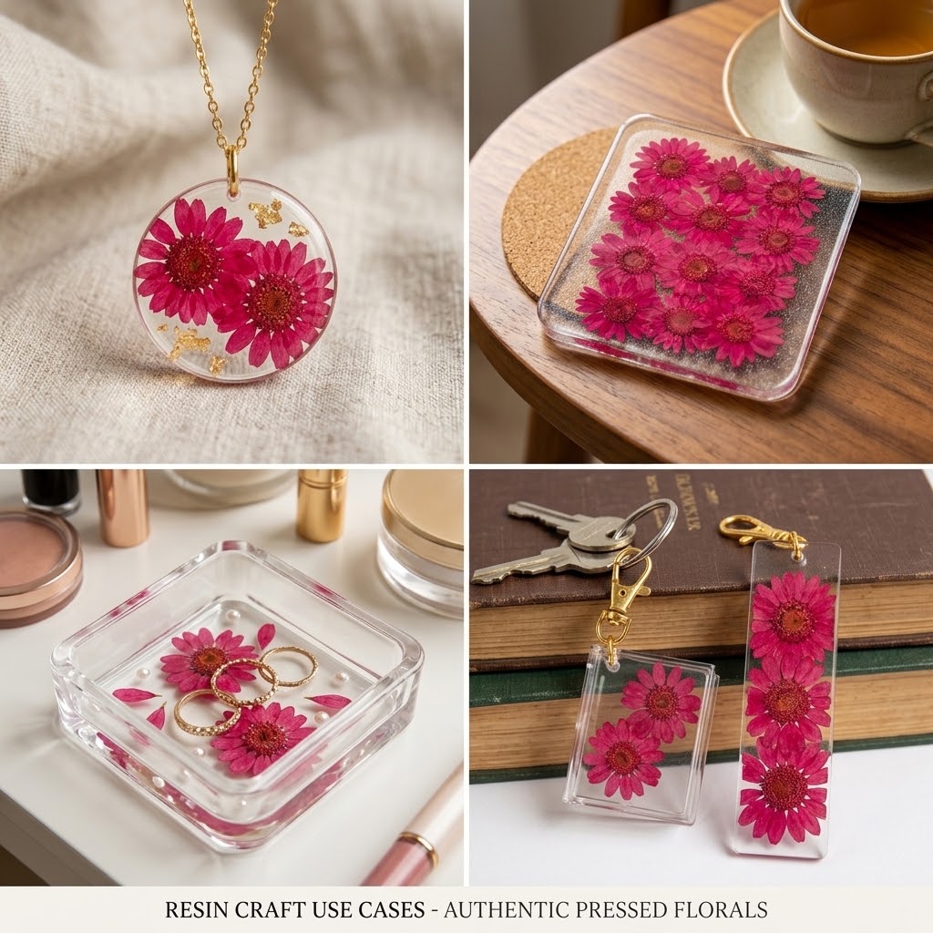 Dark Pink dried daisies resin art craft examples showing pendant coaster keychain and bookmark