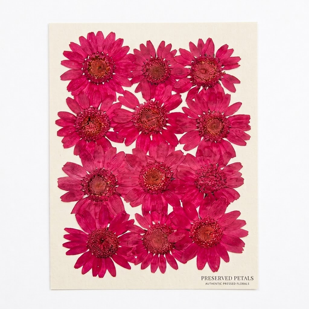 Dark Pink dried daisies resin art craft examples showing pendant coaster keychain and bookmark