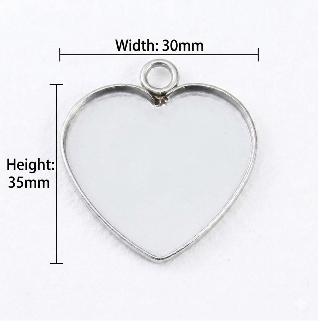 Silver heart bezel pendant trays 30mm width by 35mm height for DIY resin jewelry making