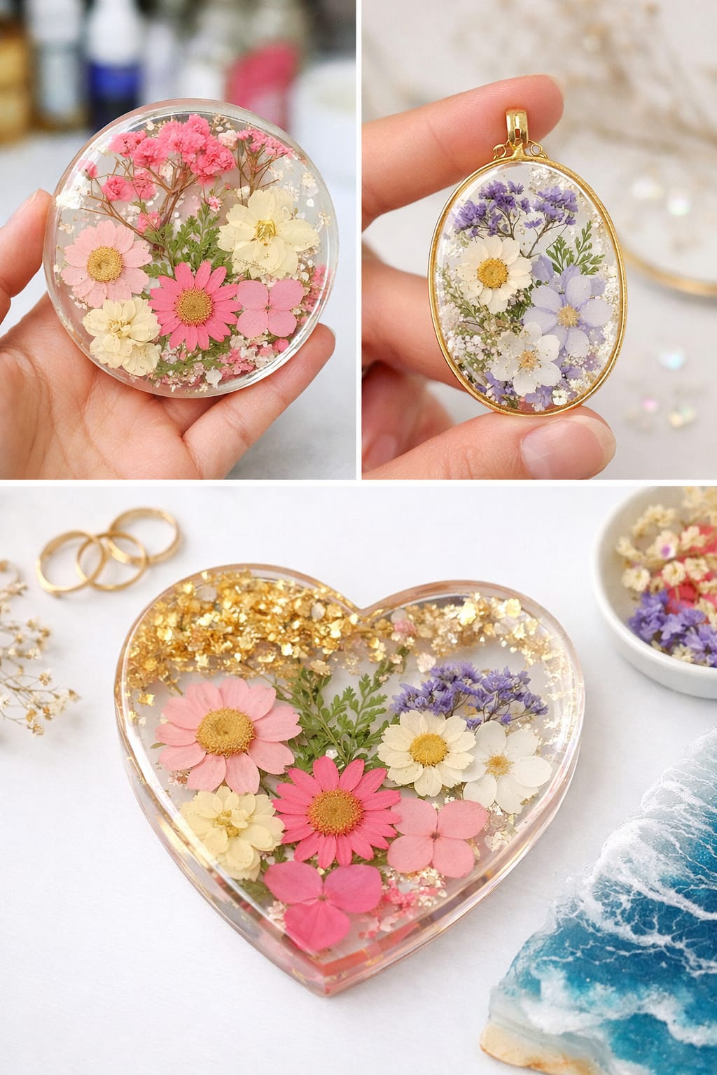 Pressed flowers sheet with pink daisies, white flowers, and green leaves for resin art