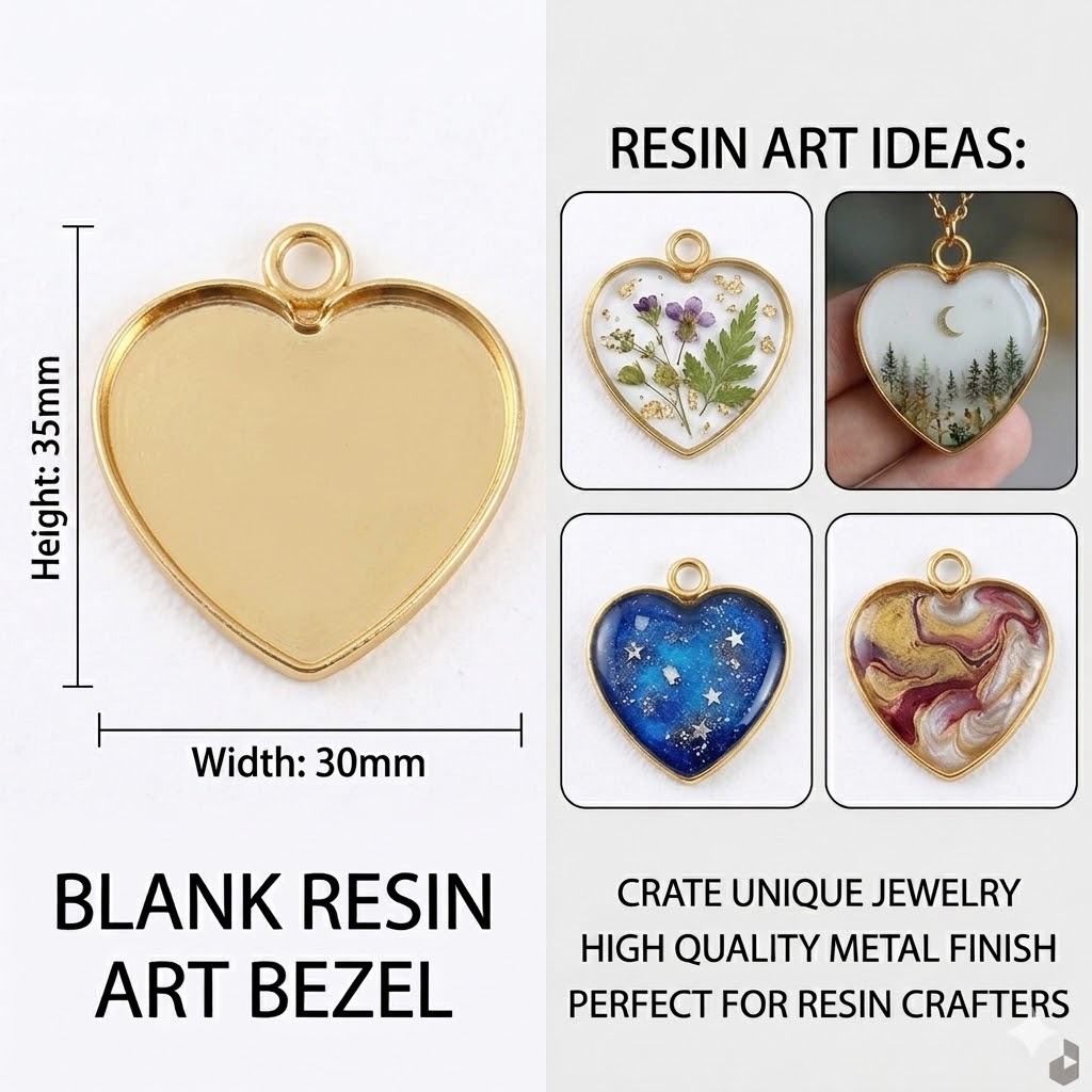 Golden heart bezel pendant trays 30mm width by 35mm height for DIY resin jewelry making